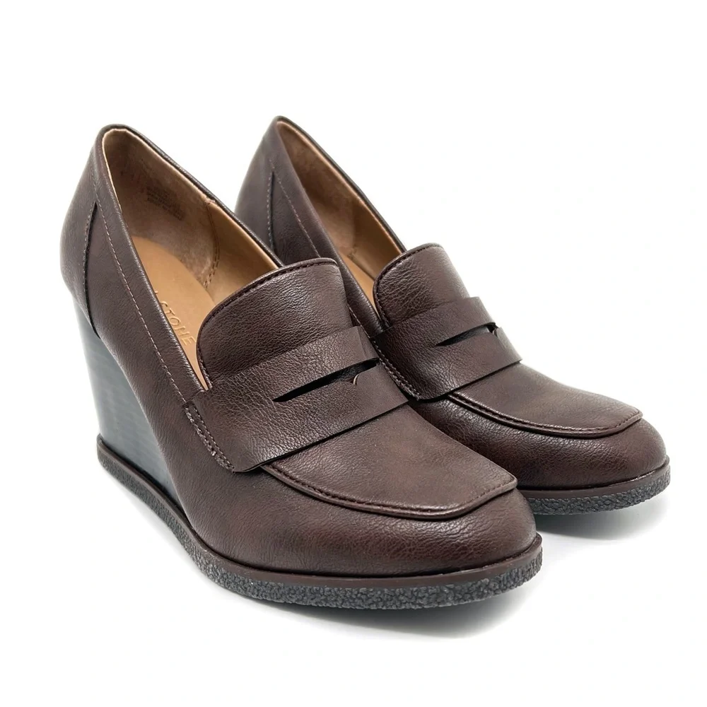 Sun + Stone Wedge Heel Women’s Faux Leather Jetta Slip On Loafer Brown Size 9